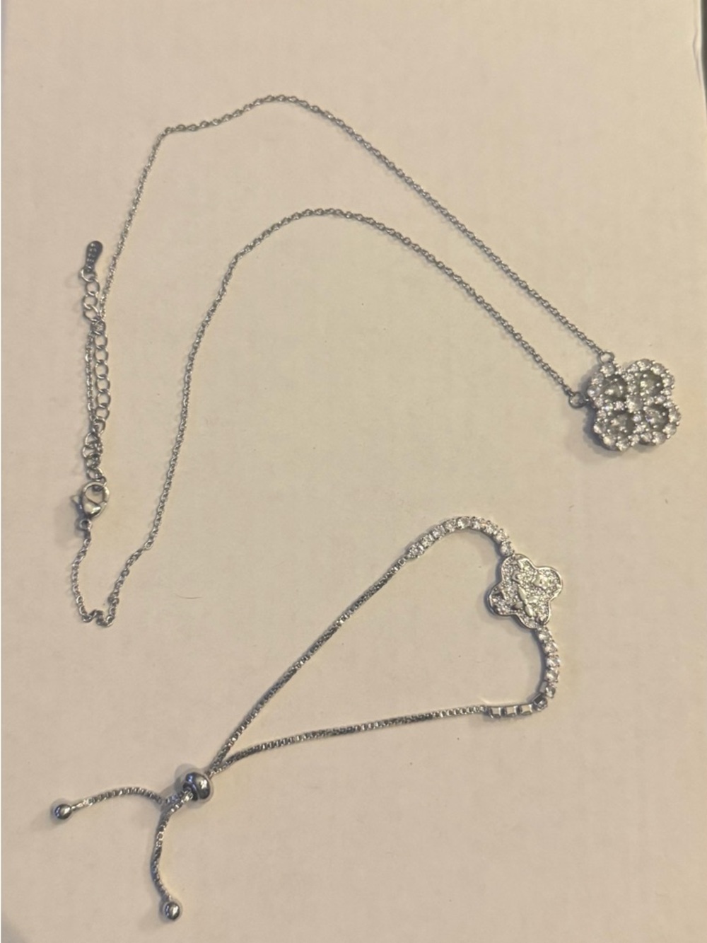 GRA Moissanite Clover Necklace and Matching Adjustable Bracelet Set - Silver